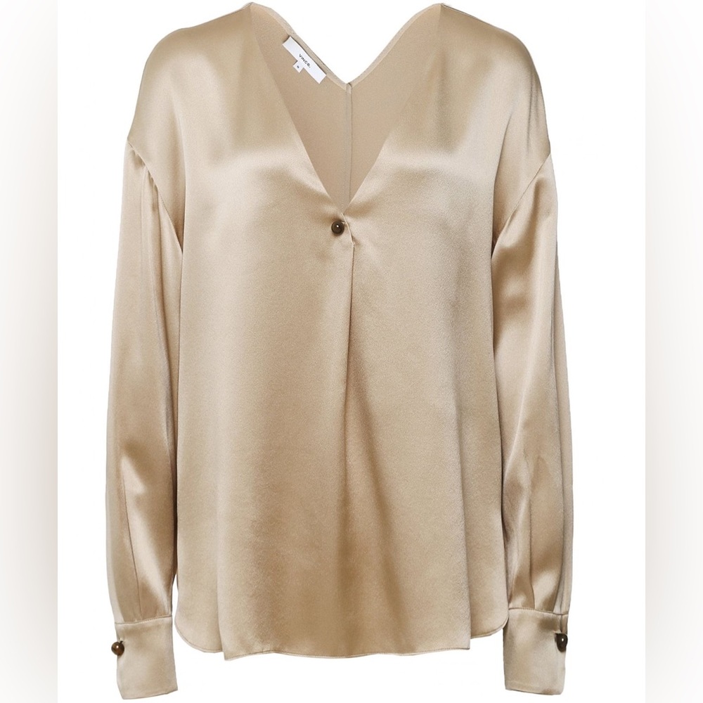 Vince Silk V-Neck Ball Button Blouse Champagne S NWT